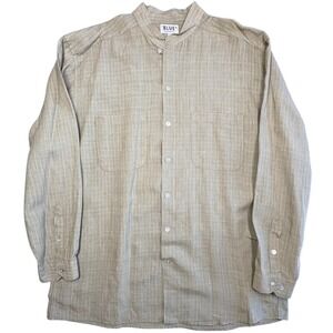 Blue Australia 100% Linen Long Sleeve Shirt Mens L Olive Green Check Band Collar